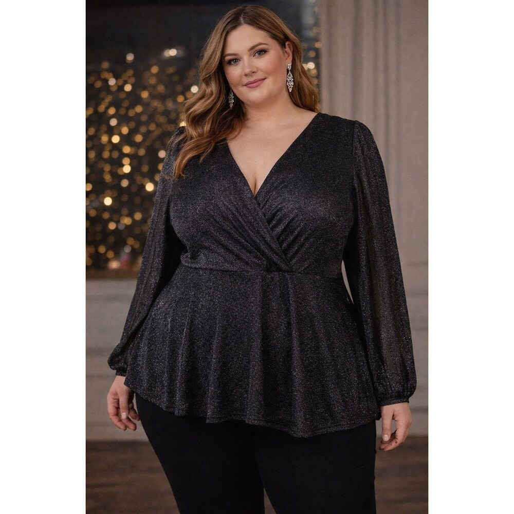 Torrid Glitter Lurex Surplice Peplum Top Womens Plus 5X Black Party Stretch